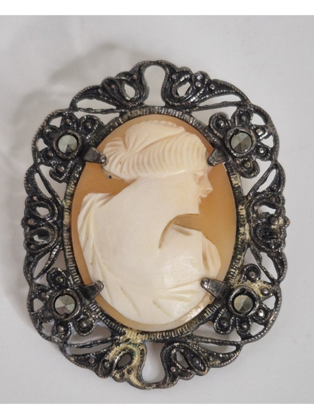 Vintage Cameo Brooch Pendant w/ Marcasite – Hand Carved Lady Profile